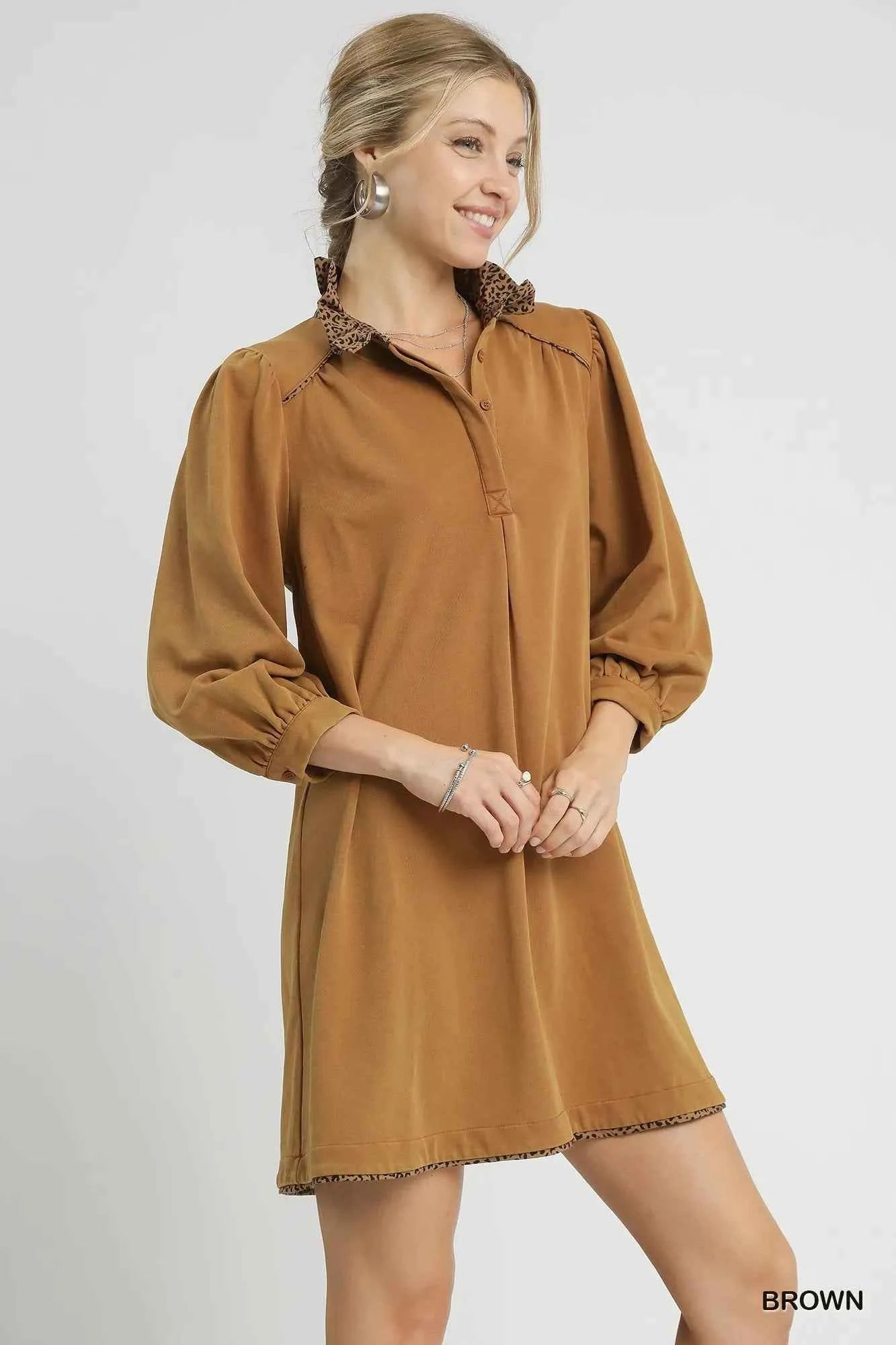 Umgee French Terry Balloon Sleeve Shift Dress with Leopard Print Detail cd6a1efc-8876-4f55-b923-64c11694fee8-Max-Origin