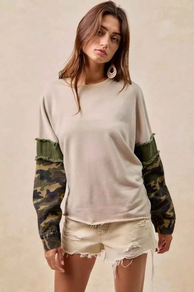 BiBi Camo Sleeve French Terry Top with Frayed Edge cd6c06d396e44d1c8760adf47ae7d457-Max-Origin