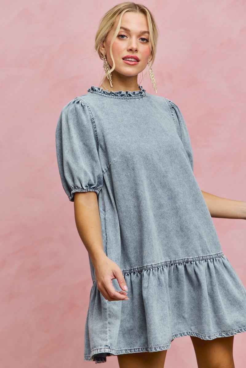 SO ME Denim Short Sleeves Mini Tiered Dress cd6eebb57a2145d8b8b7b3c845252643-Max