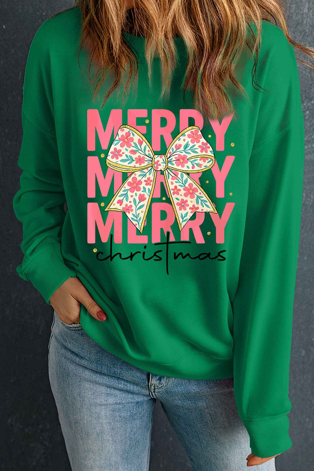 Dark Green MERRY Christmas Floral Bow Graphic Drop Shoulder Sweatshirt cd6fc646067c01bb