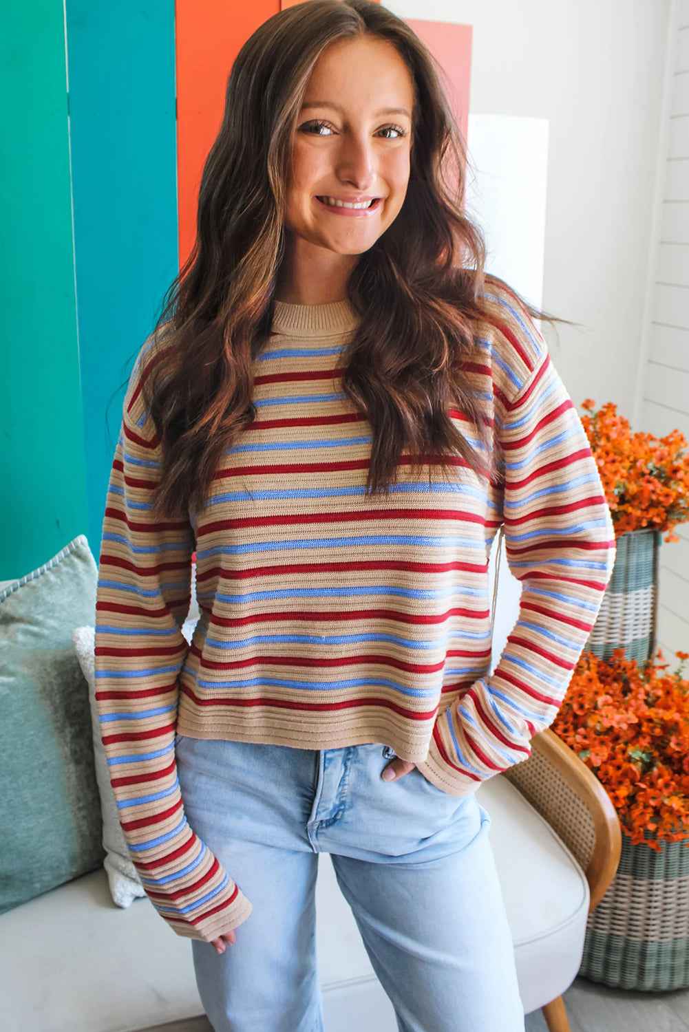 Khaki Stripe Drop Shoulder Cropped Long Sleeve Fall Sweater cd7225870ca27833