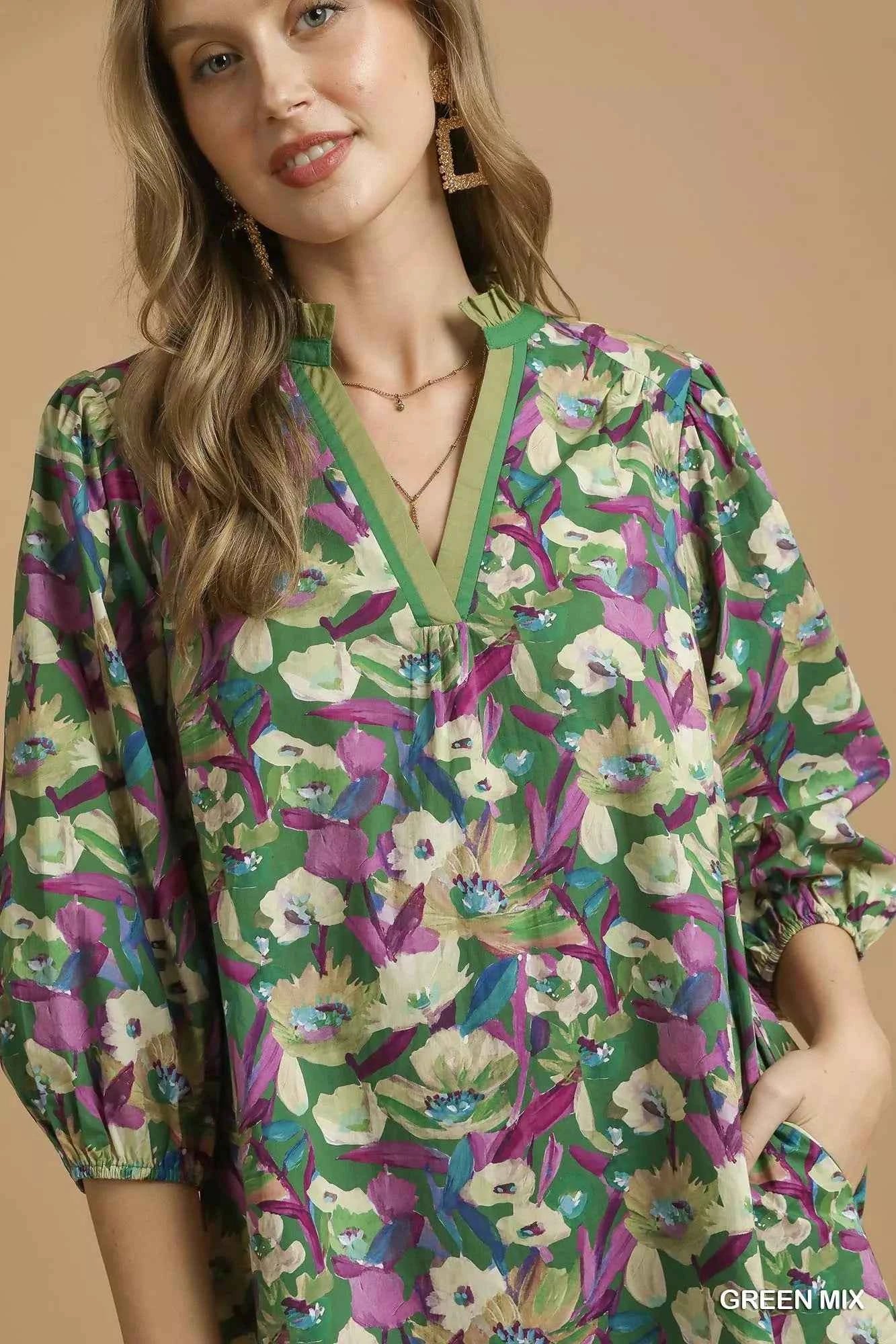 Umgee Boho Floral Balloon Sleeve Mini Dress cd77b9e4-6ead-4660-99d2-94ec2502f15a-Max-Origin