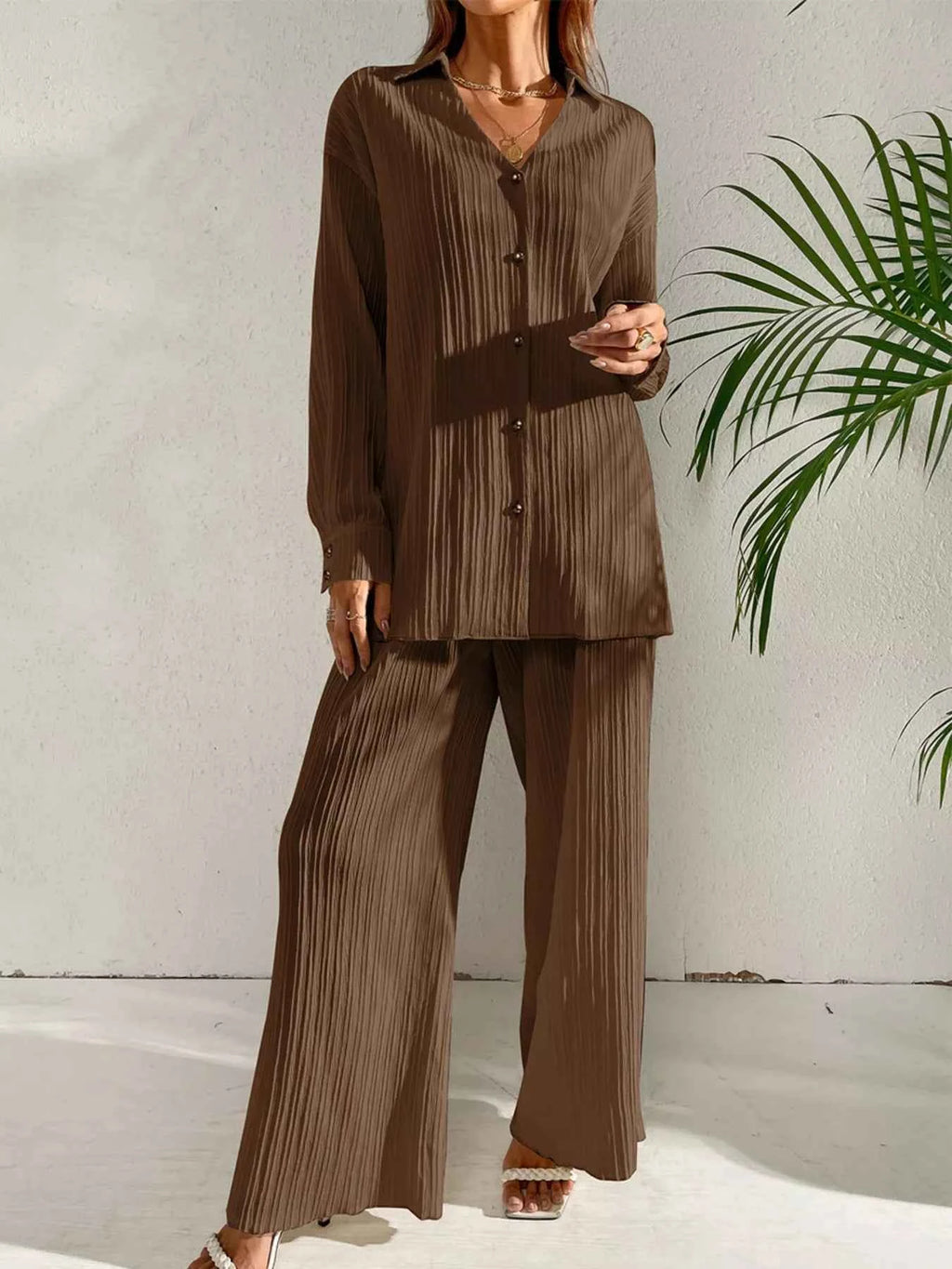 Long Sleeve Shirt & Wide Leg Pants Set Dark Brown cd79ee7a-6762-4253-9a63-d2029619511a-Max-Origin
