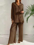 Long Sleeve Shirt & Wide Leg Pants Set Dark Brown cd79ee7a-6762-4253-9a63-d2029619511a-Max-Origin
