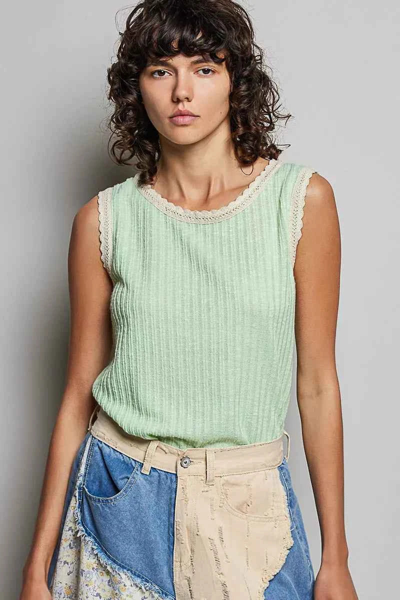 POL Ribbed Round Neck Tank with Lace Trim SAGE cd81c3d1-5c12-492f-babf-5b5ed50ff311-Max-Origin
