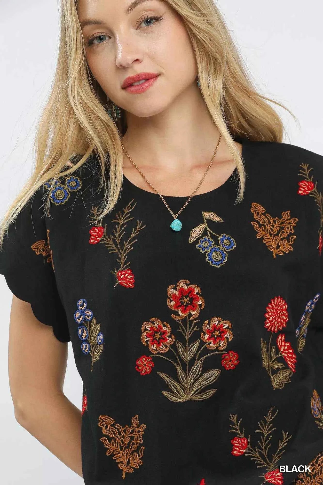 Umgee Embroidered Scallop Sleeve Top with Drawstring Hem cd83cb61-d12a-40f9-93d7-de374af876f3-Max-Origin