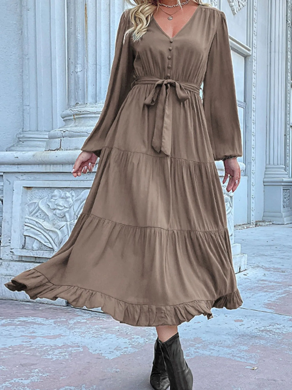 Ruffled Hem V-Neck Balloon Sleeve Dress cd84966f-4976-48a8-90e1-573dbabdb014-Max-Origin
