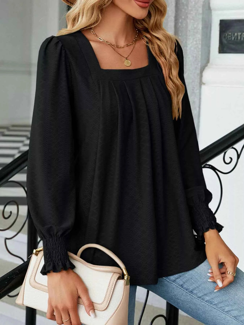Pleated Square Neck Long Sleeve Top cd84cd57-1647-475a-9010-b23d1e436342-Max-Origin