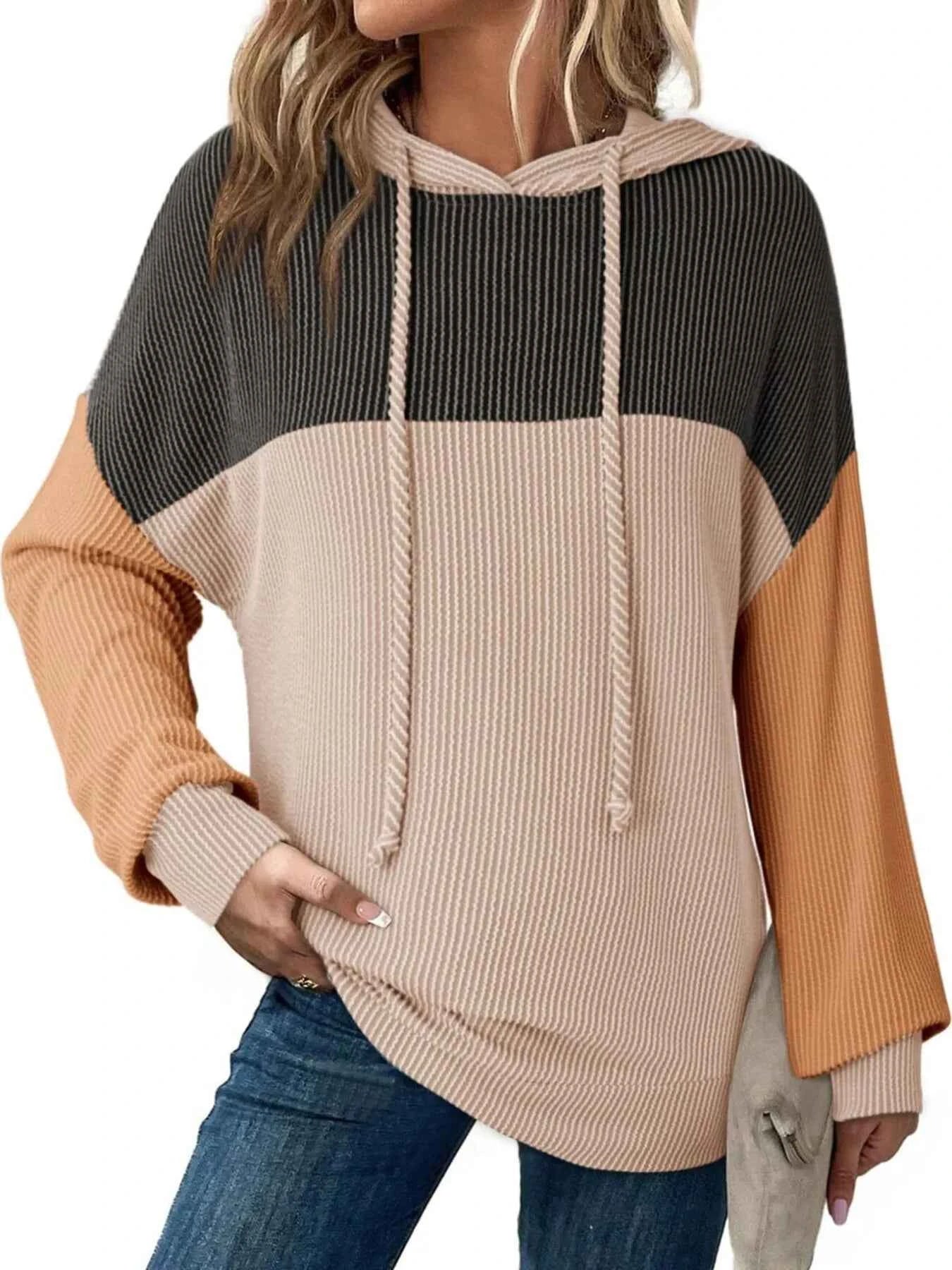 Drawstring Color Block Long Sleeve Hoodie Black Khaki cd87777e074f4ba1a6d82a4e75c26c00-Max-Origin