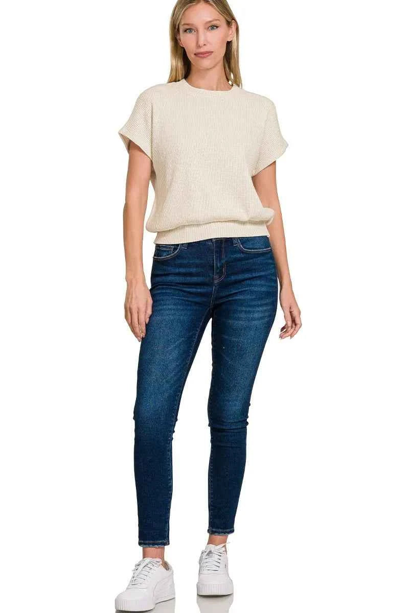 Zenana Round Neck Banded Botton Short Sleeve Sweater cd8d1672005c47e5969c361e8a6c8473-Max-Origin