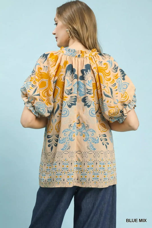 Border Print Puff Sleeve V-Neck Blouse cd8dd2fc-01a7-440b-9241-9d83a6d51781-Max-Origin