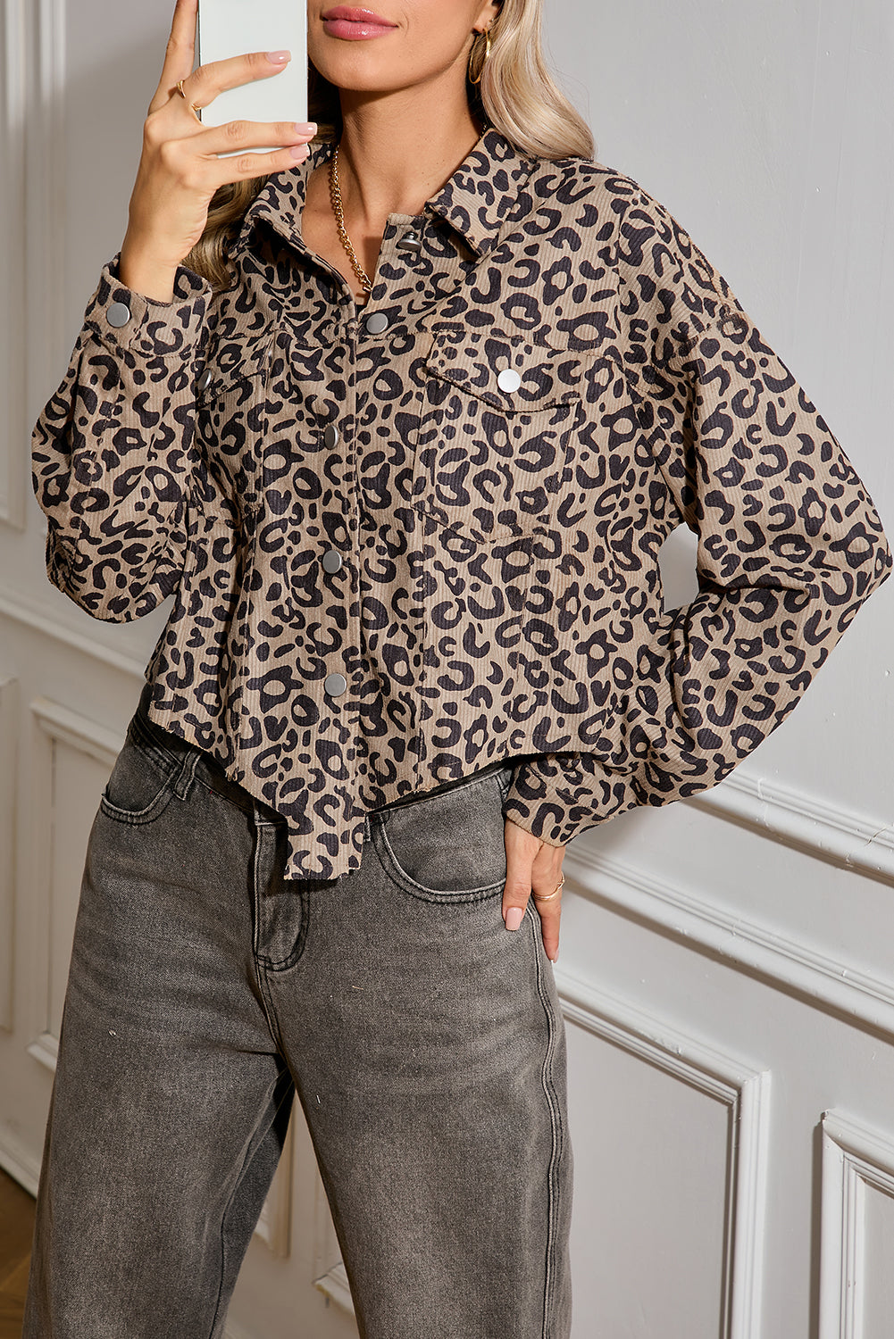 Dark Khaki Leopard Print Raw Hem Cropped Jacket cd928098da2483bc