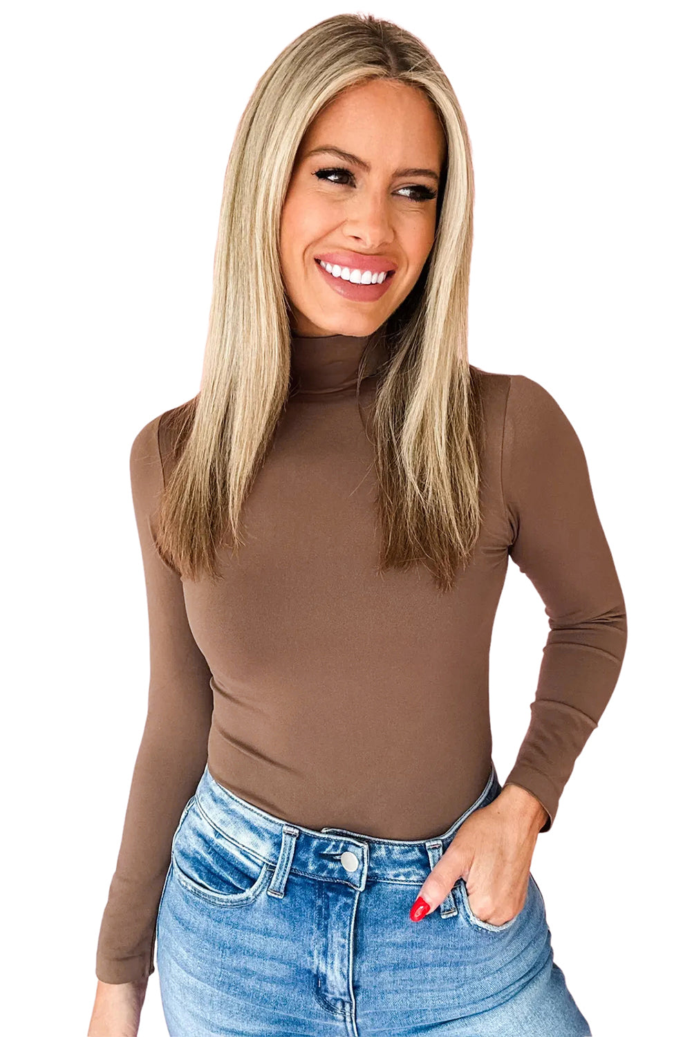 Coffee Slim Fit High Neck Long Sleeve Basic Top cd993cf9dc749dfa