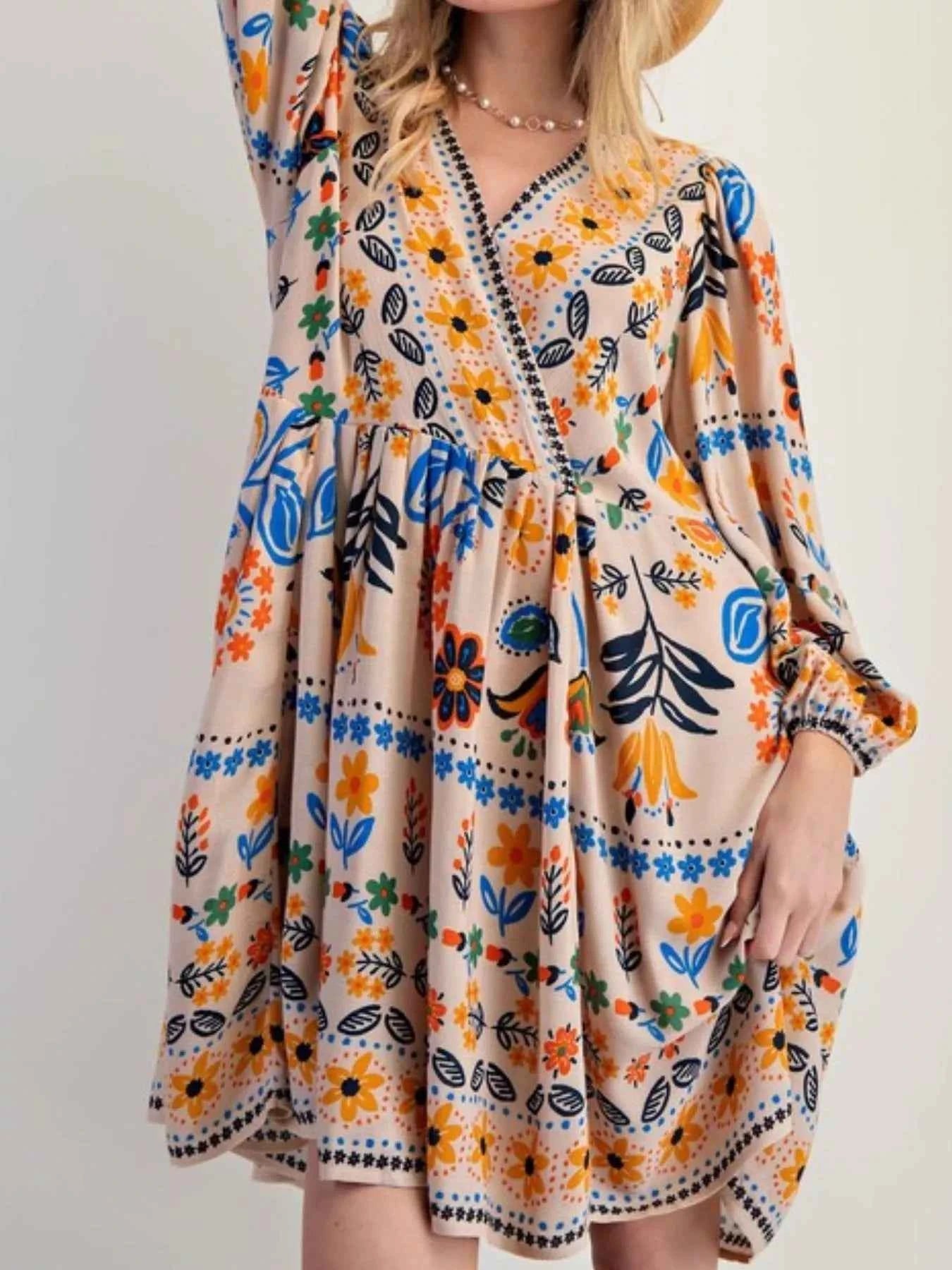 Bohemian Floral Print Long Sleeve Mini Dress Apricot cd9a14cf-916b-4528-bbbe-2bafe3e123c4-Max-Origin
