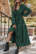 Blackish Green Solid Long Sleeve Button V Neck Tiered Maxi Dress Blackish Green 100%Polyester cda391e793668e71