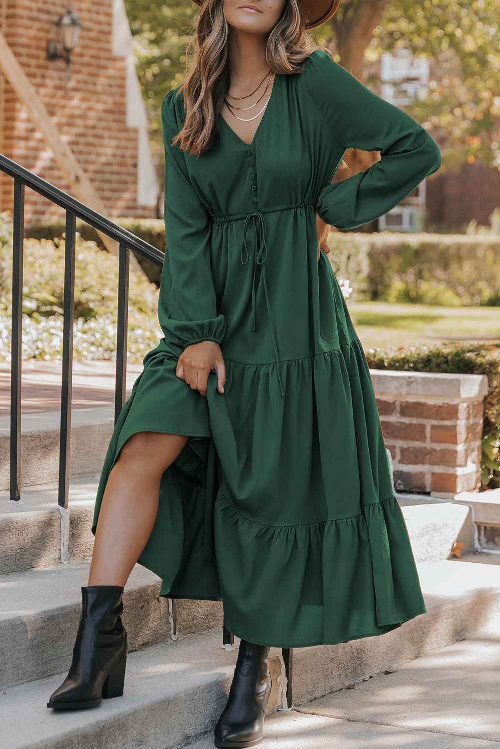 Blackish Green Solid Long Sleeve Button V Neck Tiered Maxi Dress Blackish Green 100%Polyester cda391e793668e71