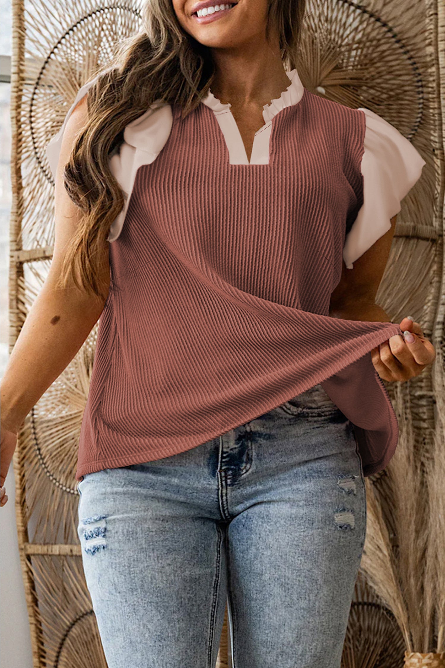 Vineyard Green Plus Size Contrast Frilled Neckline Ruffled Short Sleeve Ribbed Textured Blouse Rose Pink 75%Polyester+20%Viscose+5%Elastane cda4f35d510813c4