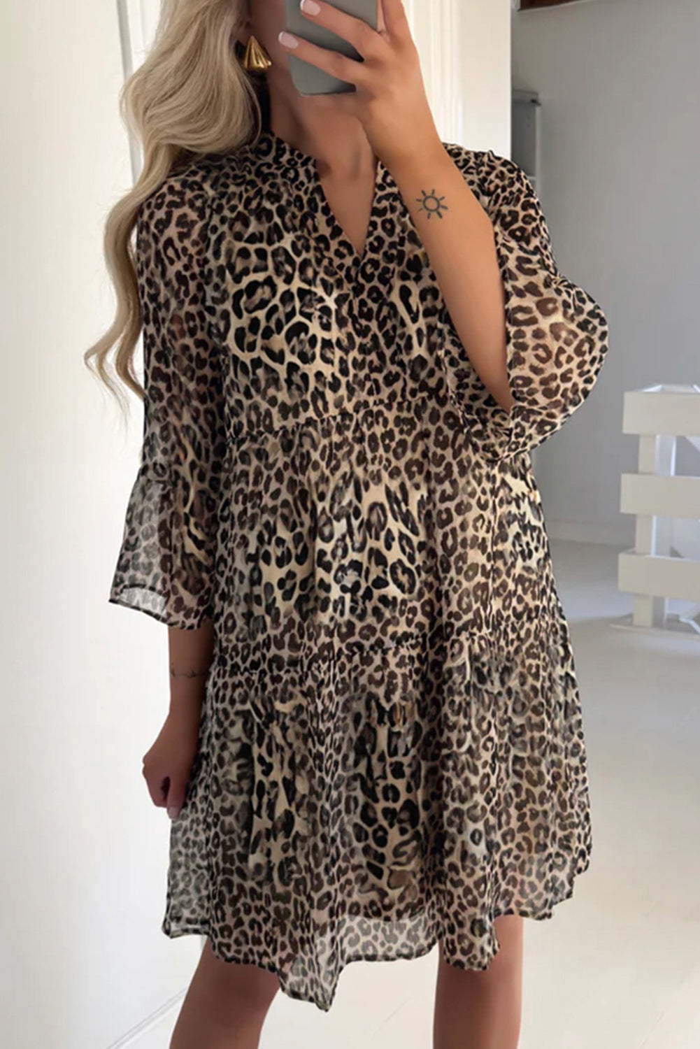 Khaki Leopard 3/4 Sleeve V Neck Swing Dress Khaki 100%Polyester cda5cd1716a5eb0f