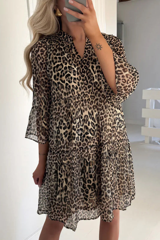 Khaki Leopard 3/4 Sleeve V Neck Swing Dress Khaki 100%Polyester cda5cd1716a5eb0f