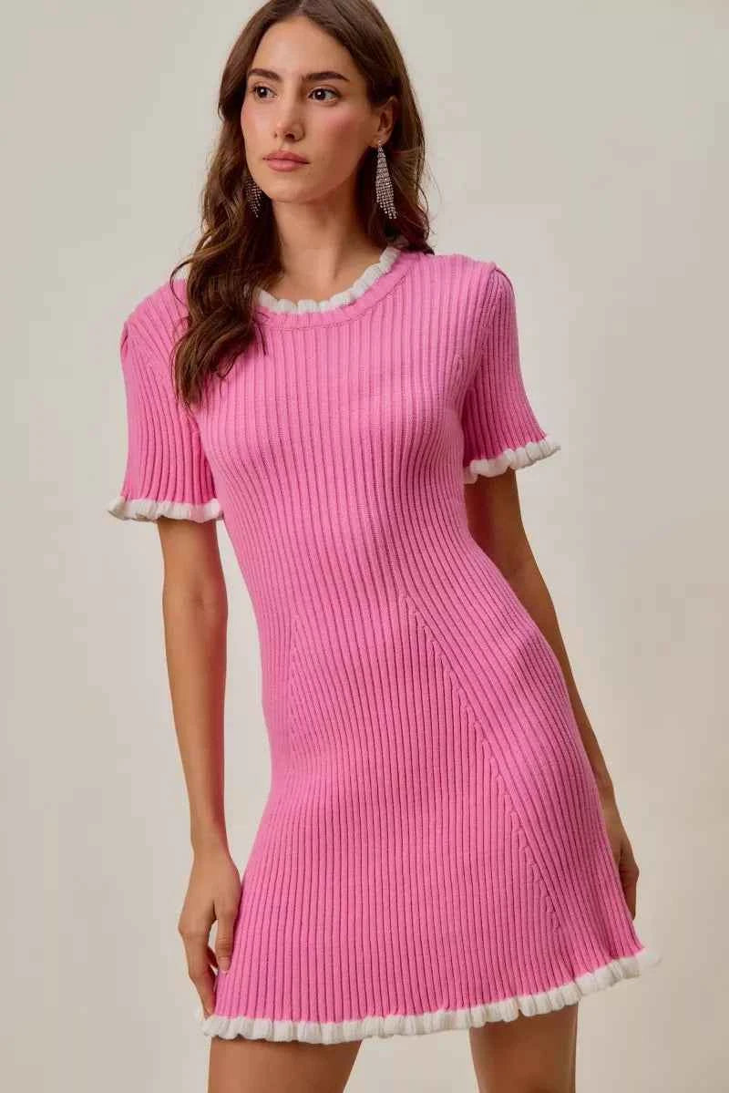 SO ME Contrast Ruffled Sweater Knit Mini Dress PINK WHITE cda6708c55104da586e85c3a4f9eb932-Max-Origin