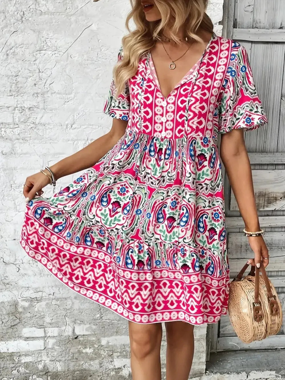 Printed Tie Neck Short Sleeve Dress cda85c93-86bc-4dc1-b021-85bd75a92cd4-Max