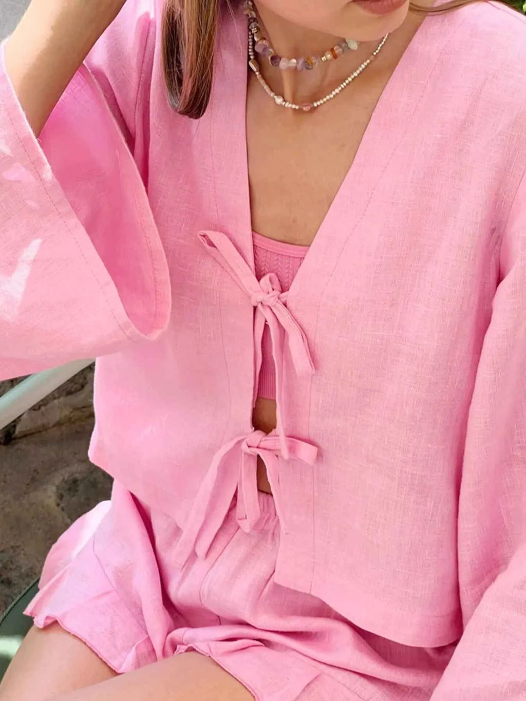 Tie Front Long Sleeve Top and Shorts Set cdaad578-f784-4583-94f3-e4471c73213d-Max-Origin