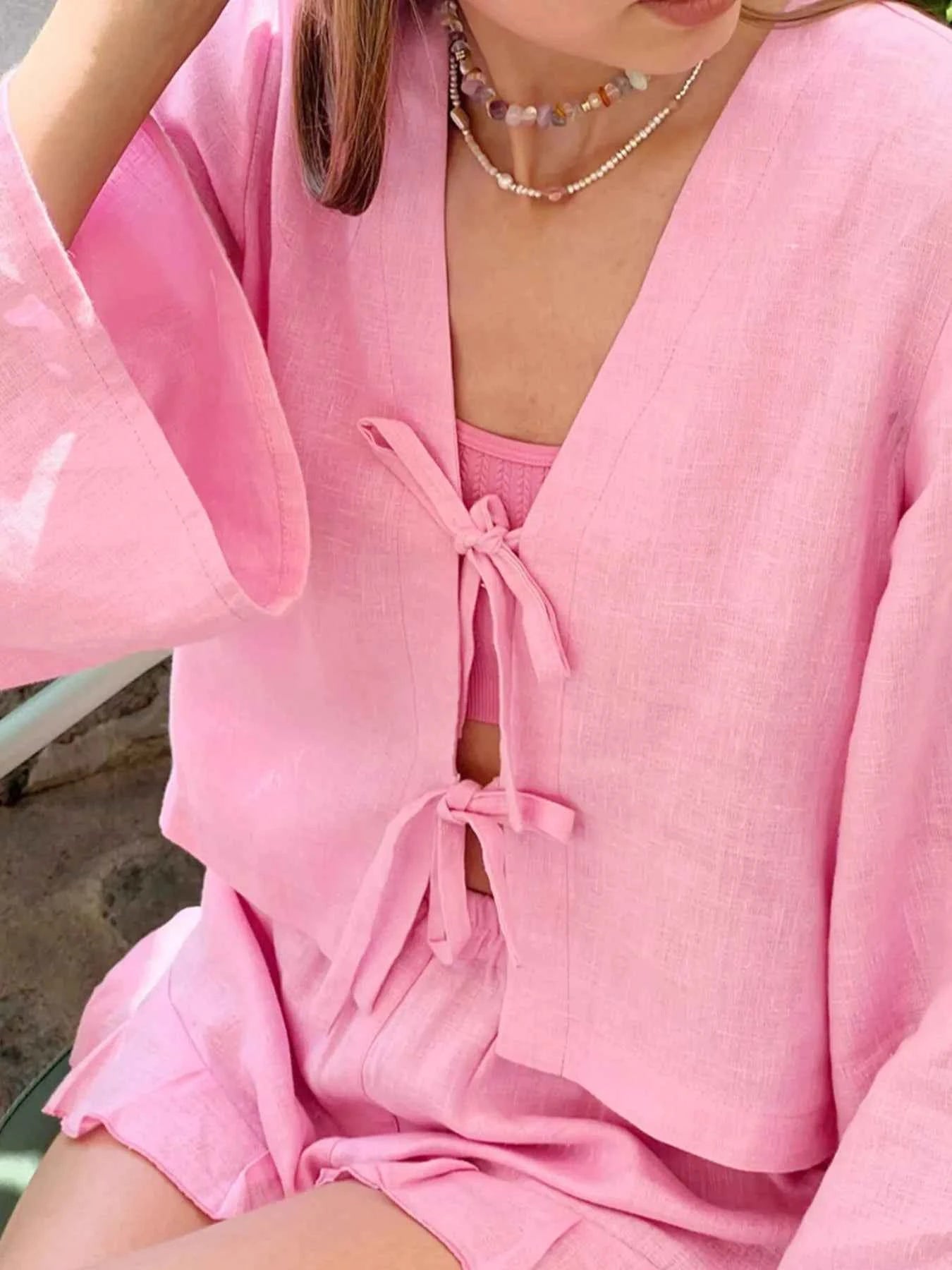 Tie Front Long Sleeve Top and Shorts Set cdaad578-f784-4583-94f3-e4471c73213d-Max-Origin