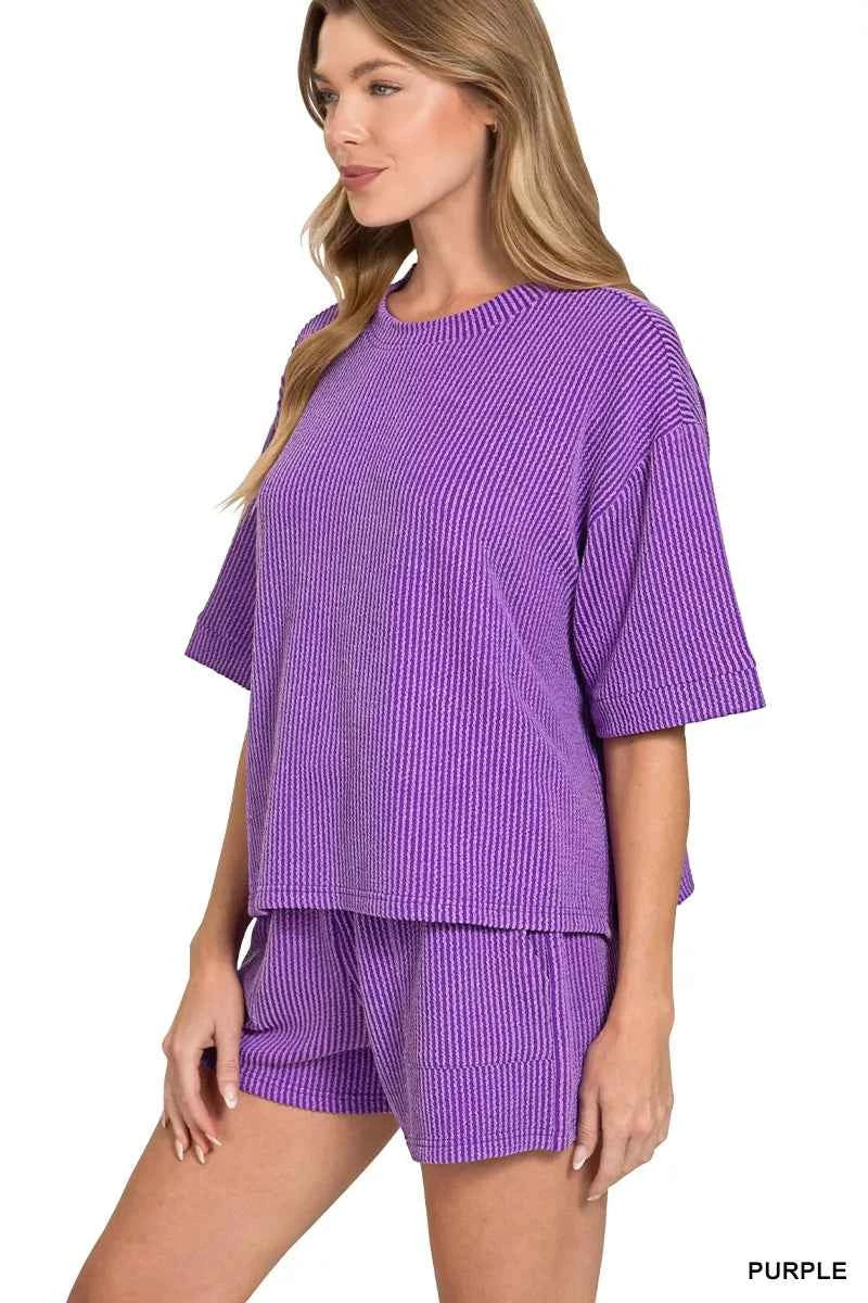 Zenana Raised Rib Short Sleeve Tee and Drawstring Shorts Set cdad1d24-a2da-4288-9770-8133dfc55d20-Max-Origin