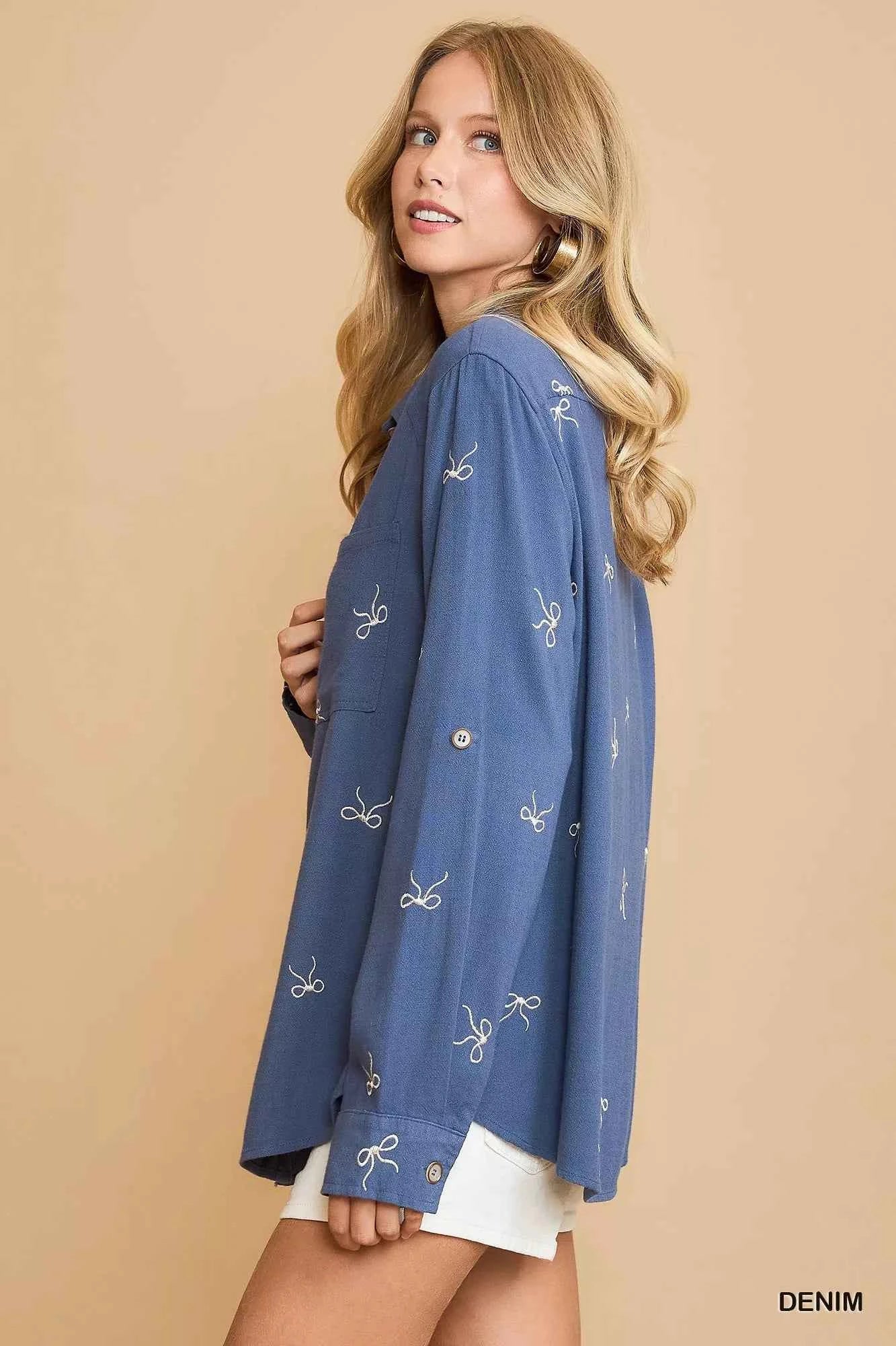 Umgee Linen Blend Fitted Shirt with Ribbon Embroidery Details