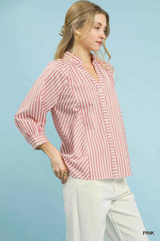 Umgee Striped V-Neck Button Down Top cdb89be0-2352-439c-b10a-c98fc34516ba-Max