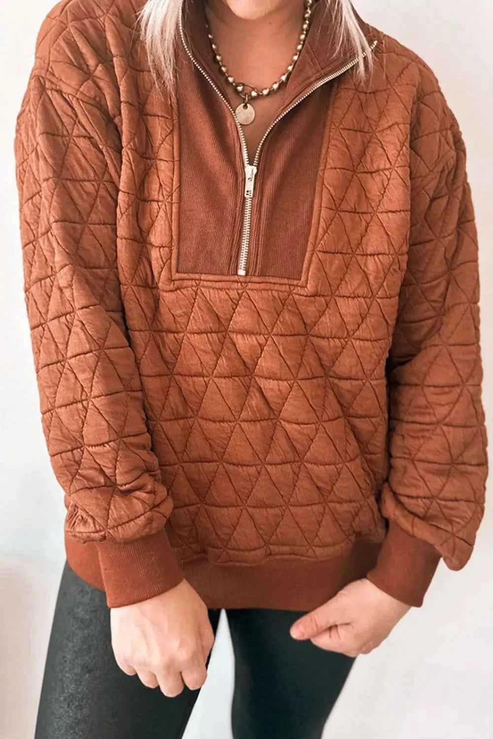 Quilted Half-Zip Long Sleeve Sweatshirt Caramel cdbbabb2-d2f0-4ab2-83cc-0b09bfa574ca-Max-Origin