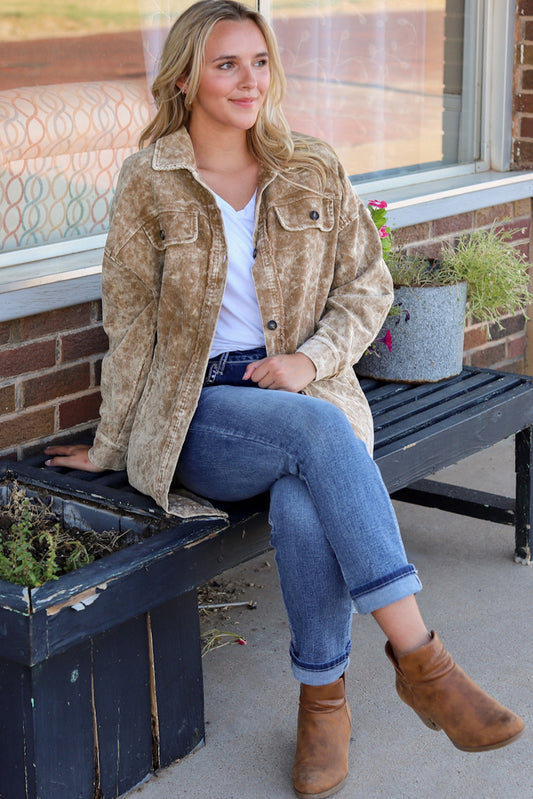 Khaki Vintage Distressed Mineral Wash Oversized Shacket cdbc868a2a728739