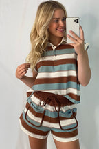 White Stripe Button Polo Collar Tee Drawstring Elastic Waist Patchwork 2pcs Short Set cdc125a49b3d6da7