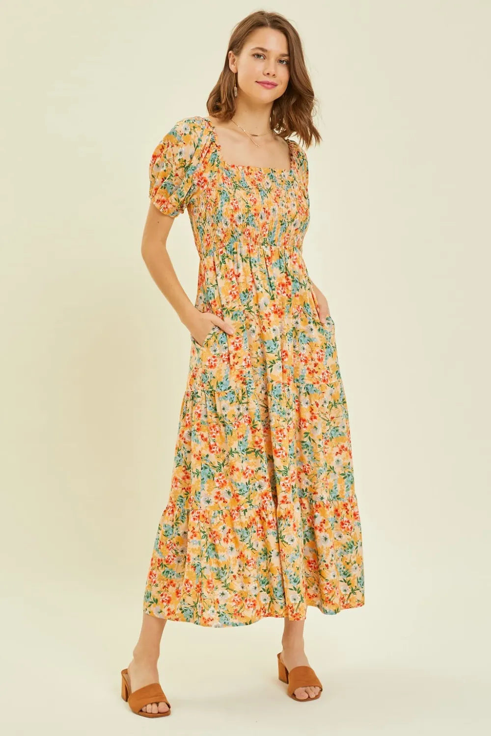 HEYSON Full Size Floral Smocked Tiered Midi Dress Peach Multi cdc900ac-8fb8-4fcc-b1fc-5c671cca8b2b-Max