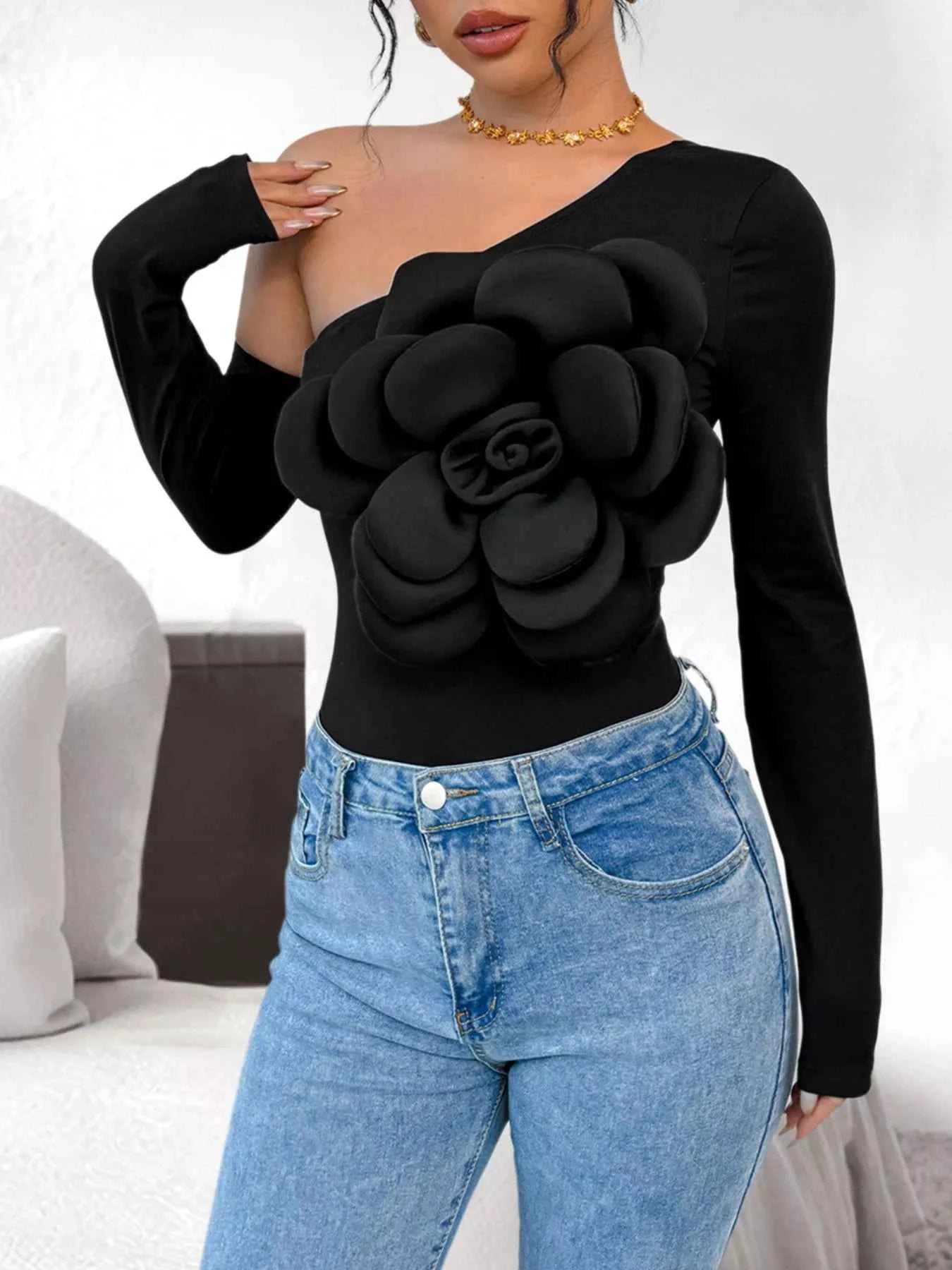 Flower Long Sleeve Single Shoulder Bodysuit Black cdd067b6-68a6-4db4-9762-b8b50b851881-Max-Origin
