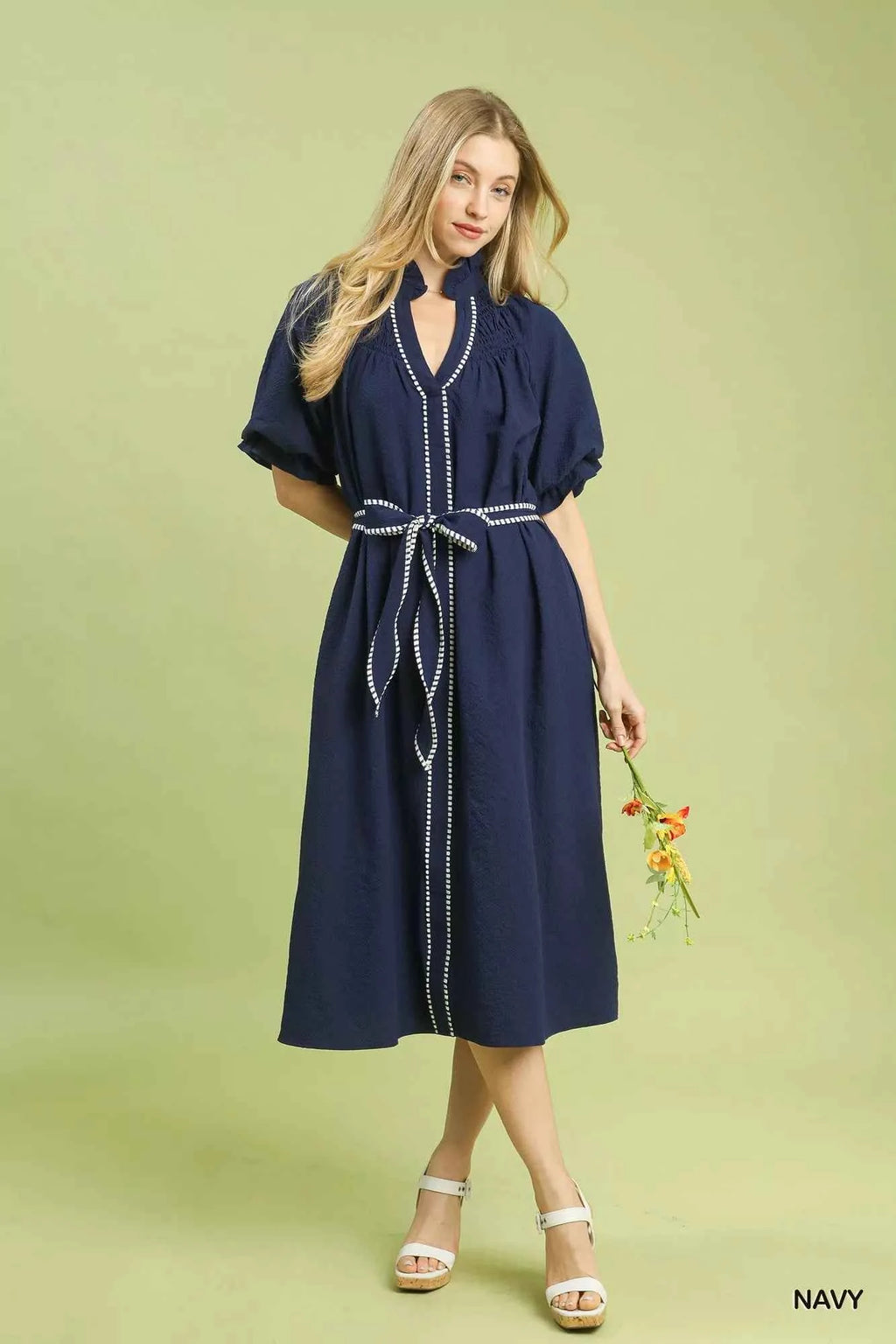 Umgee Ruffle Collar Midi Dress with Stripe Trim cdd61493-4a8d-47bf-acc6-ac01f12cda06-Max-Origin