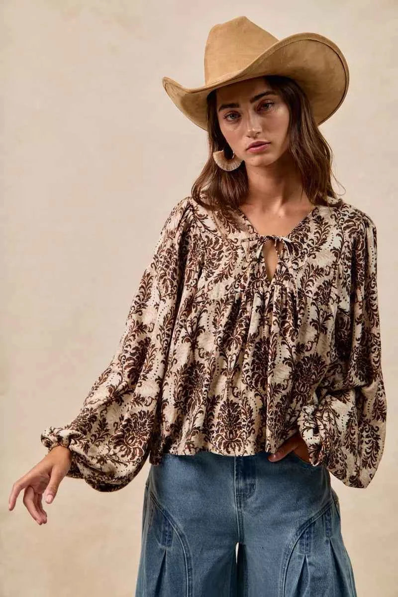BiBi Printed Woven Front Tied Blouse with Baloon Sleeve cdd839c739844fce900303ba5142430c-Max-Origin