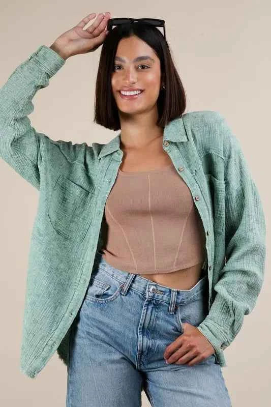 VERY J Mineral Washed Gauze Button Down Shirt Sage cdd89a5c1a784493b8ec6b6e747dcb49-Max-Origin