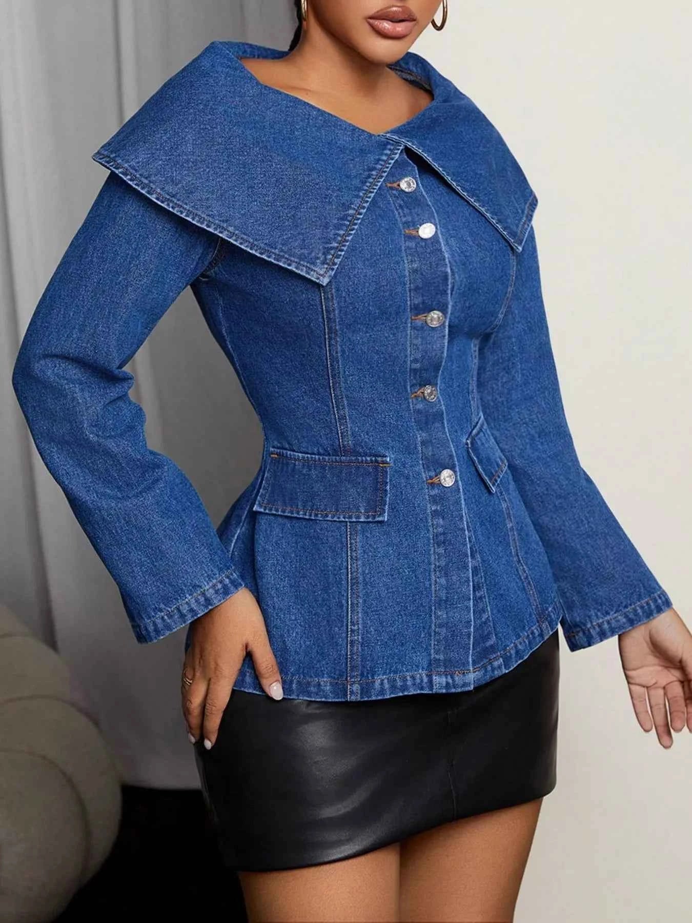 Button-Front Long Sleeve Denim Top cddda1ecc5244cb6908958aadc24bcfa-Max-Origin
