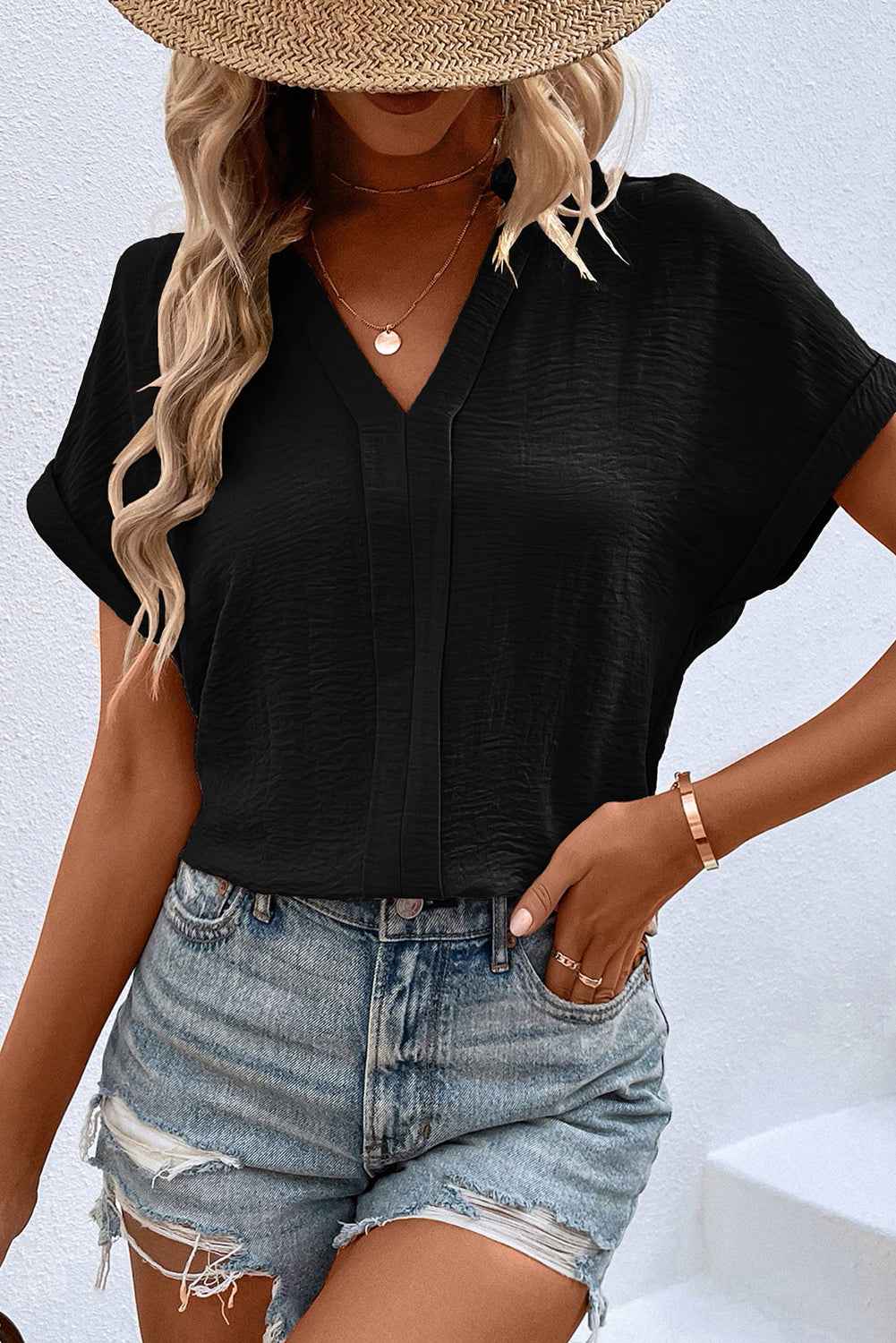 White Notched Neck Batwing Sleeve Blouse cdddf8ab35d6b0ff