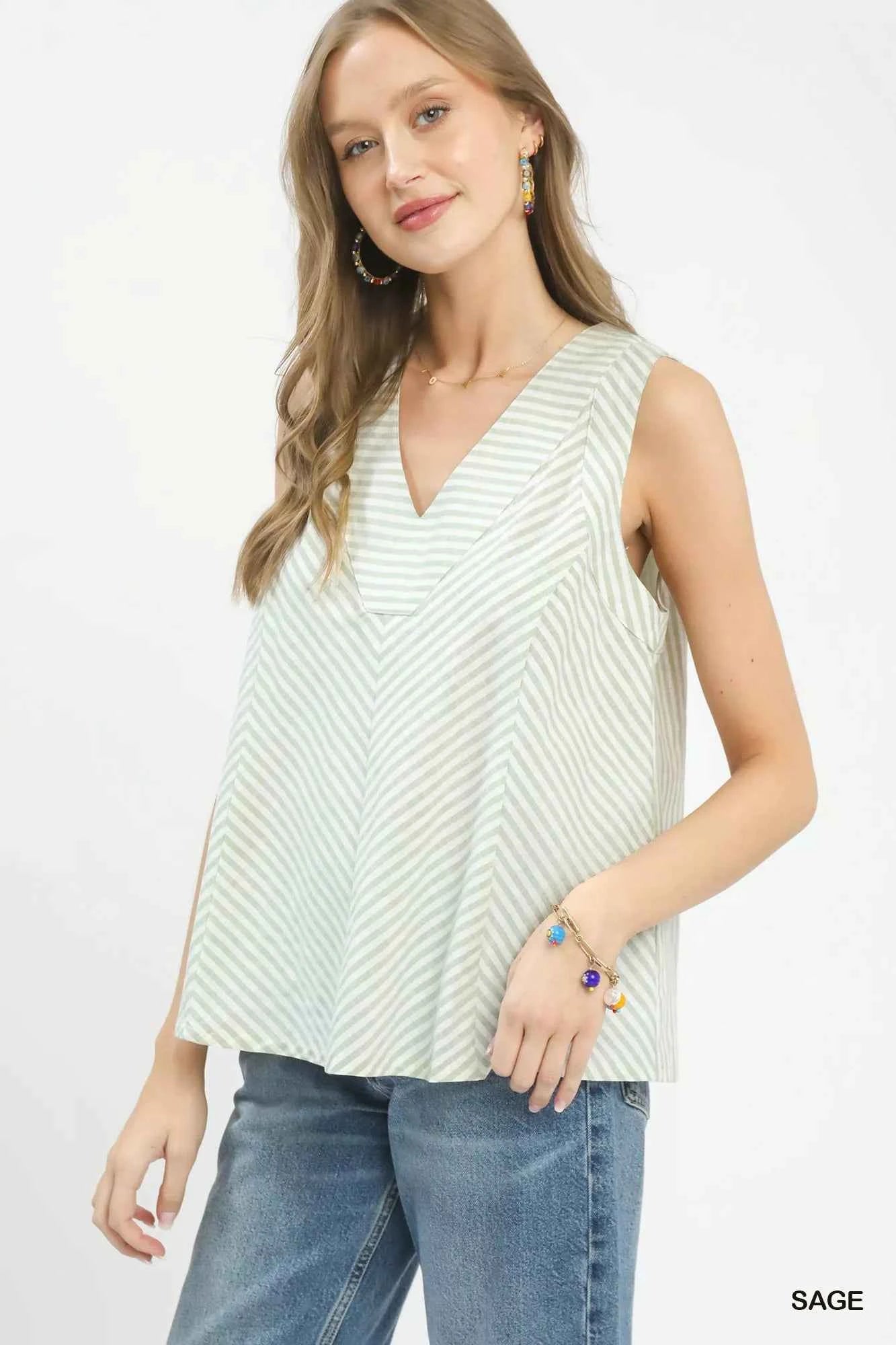 Umgee Mixed Stripe Sleeveless V-Neck Top cddf8045-26df-4169-81cb-0ef51a7a53e5-Max-Origin