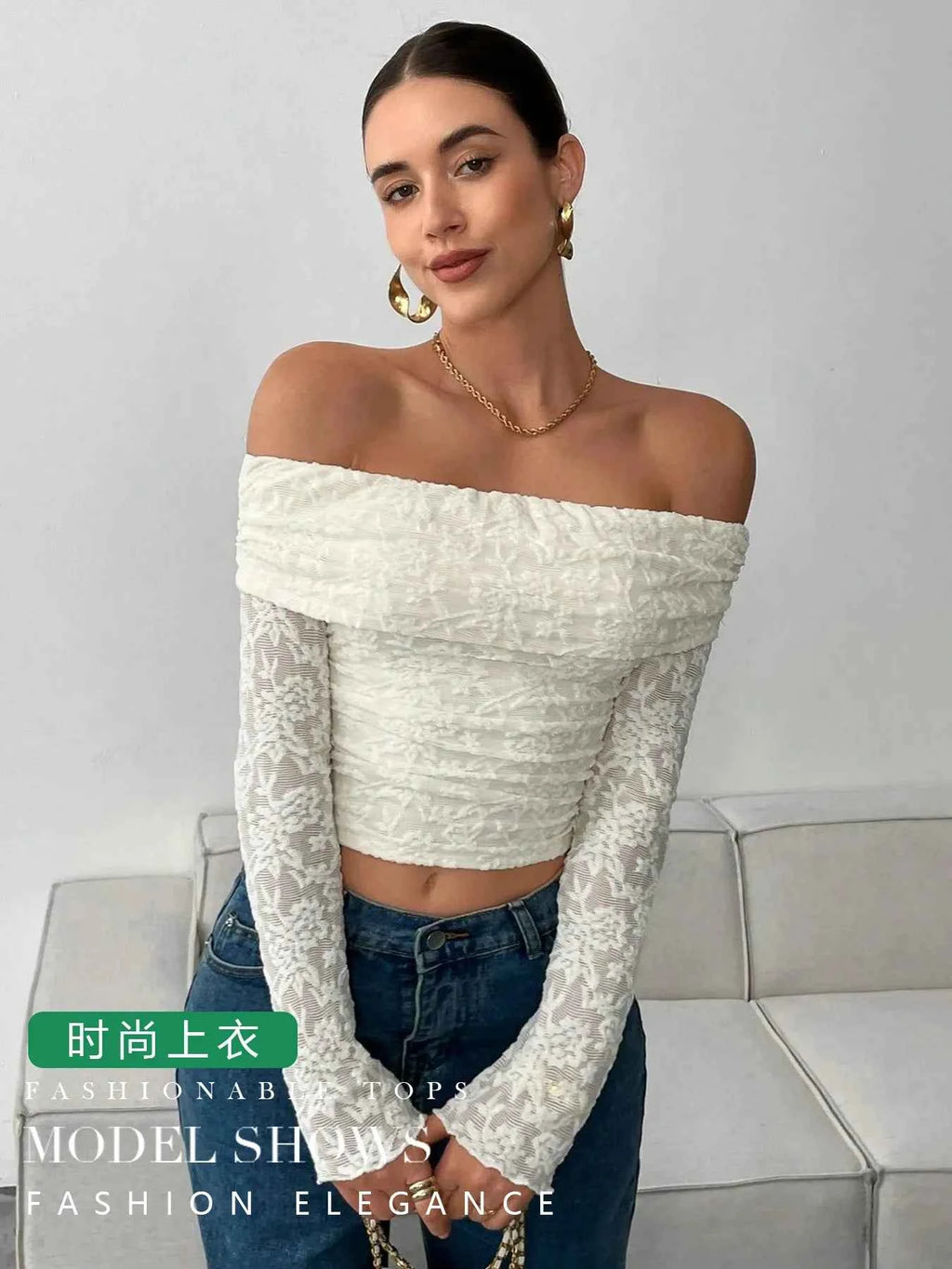 Off Shoulder Long Sleeve Lace Top cde38700304445c0ad8e2a322b808313-Max-Origin