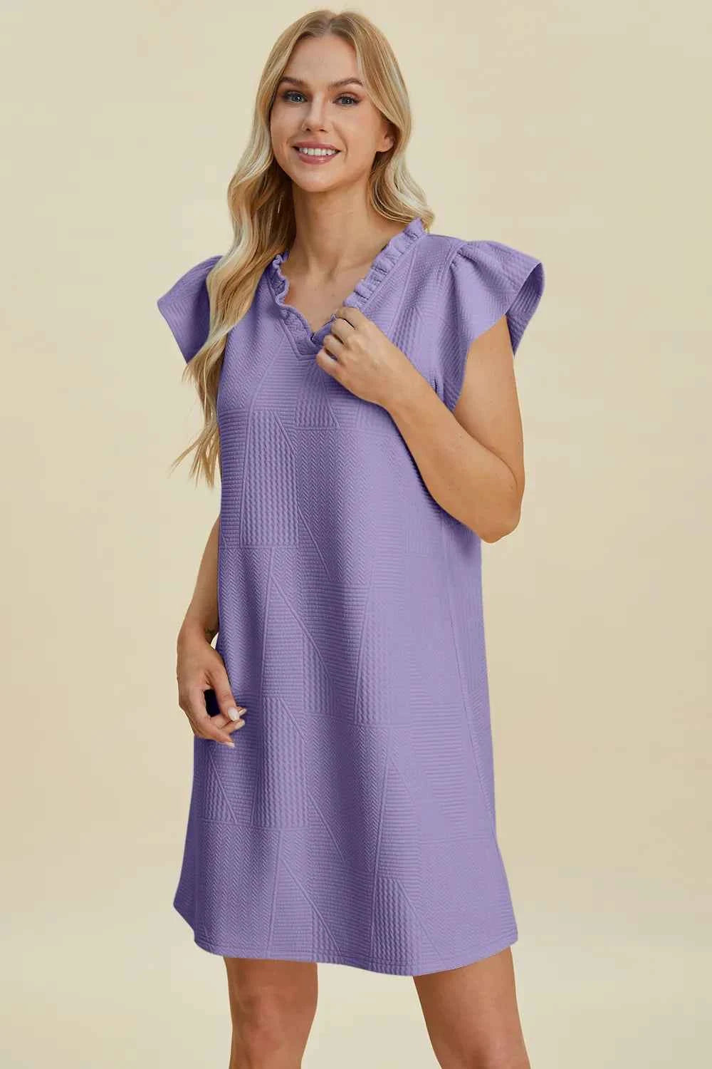 Double Take Full Size Ruffled V-Neck Cap Sleeve Dress Lavender cde3c3a9-1cf4-4281-b065-78b90899f76d-Max