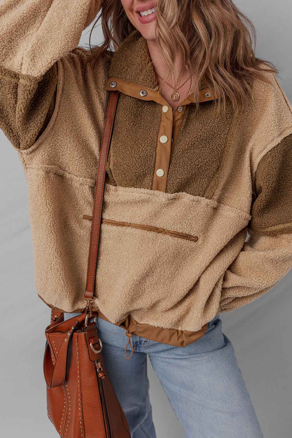 Straw Yellow 2-tone Color Block Patchwork Half Button Sherpa Sweatshirt cde4fe2bf443473d