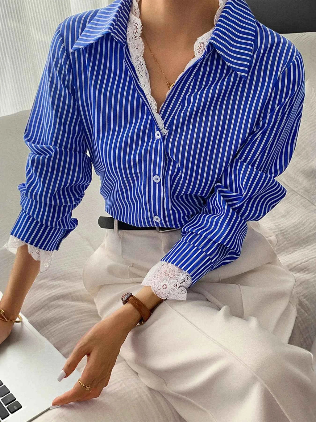 Striped Button-Down Shirt with Lace Detail cde512b2b4ff4e149ba1e0a7f2a28e00-Max-Origin