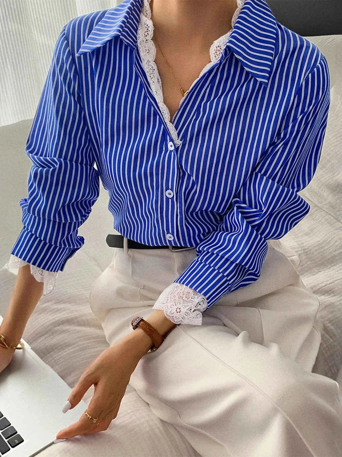 Striped Button-Down Shirt with Lace Detail cde512b2b4ff4e149ba1e0a7f2a28e00-Max-Origin