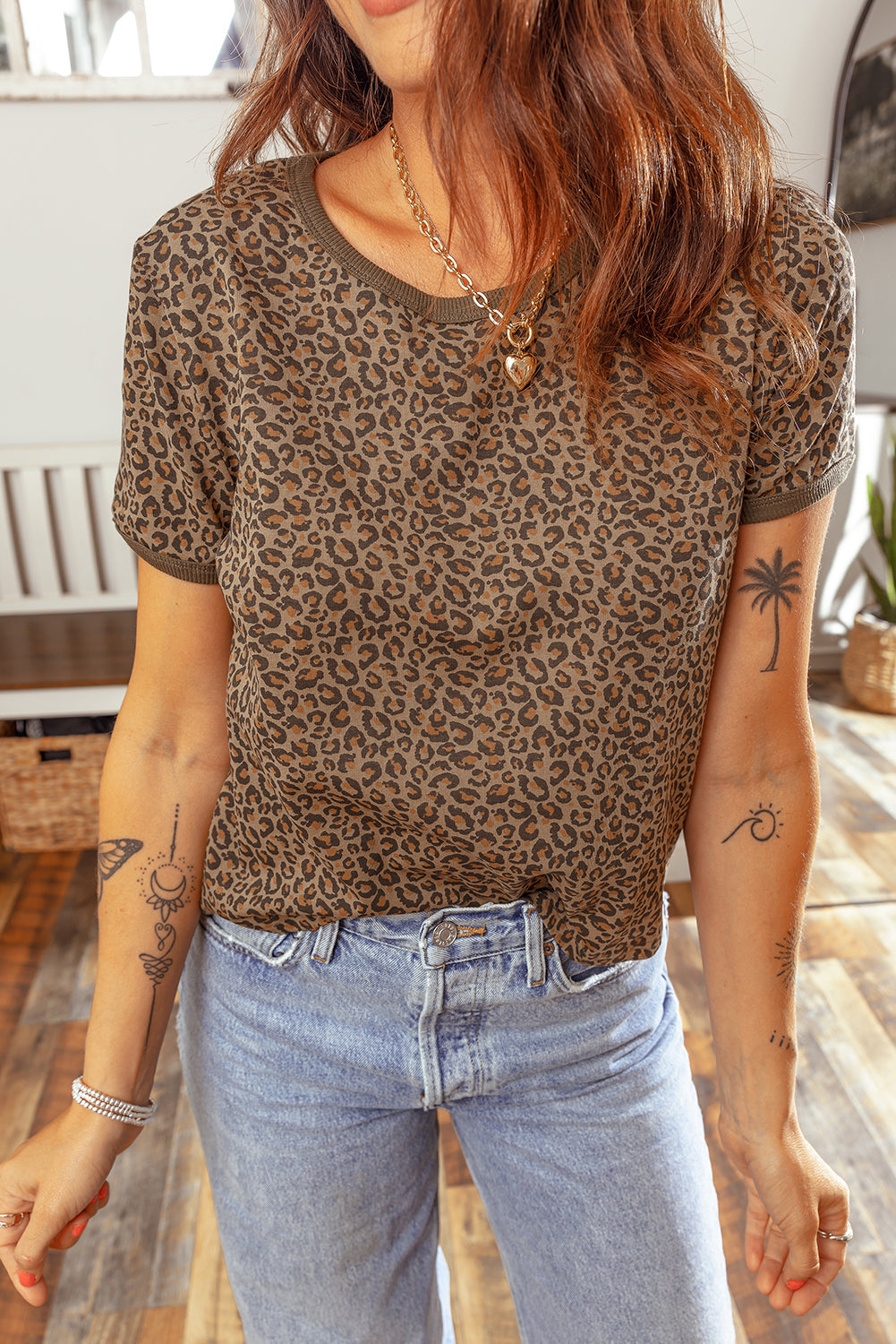 Khaki Fierce Leopard Crew Neck T Shirt cde528546751bab9