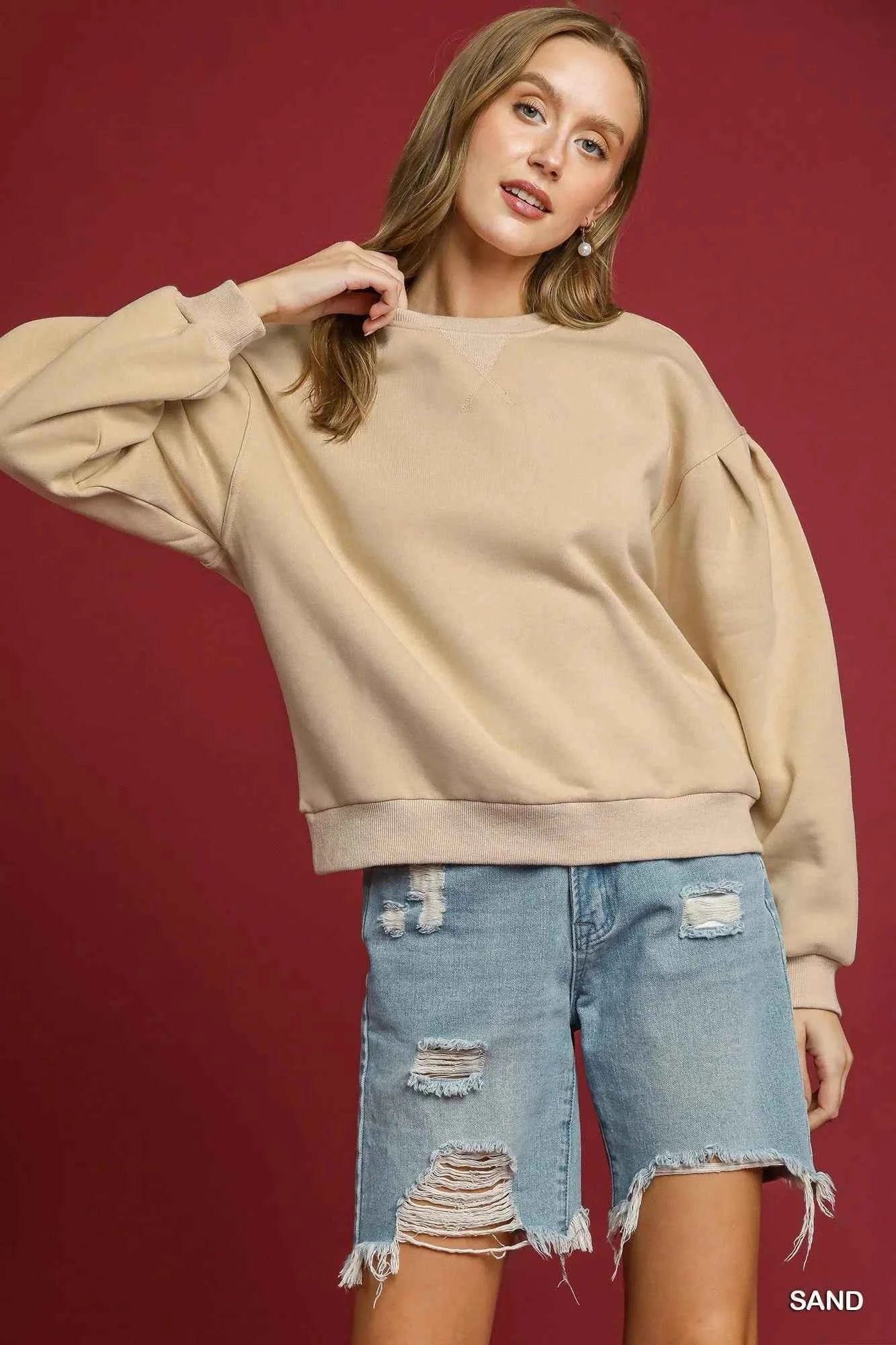 Umgee Round Neck Sweatshirt with Pleated Detail SAND cde56eea-02fb-42d4-9373-5e1dfa0cd98c-Max-Origin