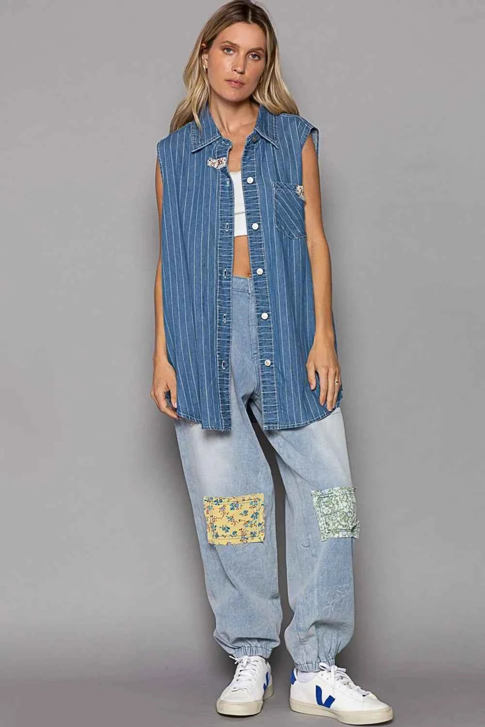 POL Button Down Sleeveless Striped Denim Shirt cde76898-fed9-48d2-b8b1-2774f176d056-Max