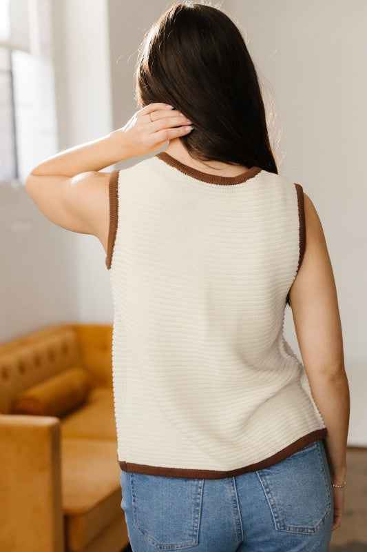 Contrast Trim Tie Front Ribbed Knit Sweater Vest cdec5f33-e64d-4842-acc7-8a30f4b7dabb